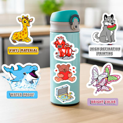 STICKZOO 100 PCS Water Bottle Stickers for Kids Waterproof Cute Stickers for Water Bottles No Duplicates Animal Stickers for Kids Laptop, Water Bottle, Party Favor & Classroom Reward