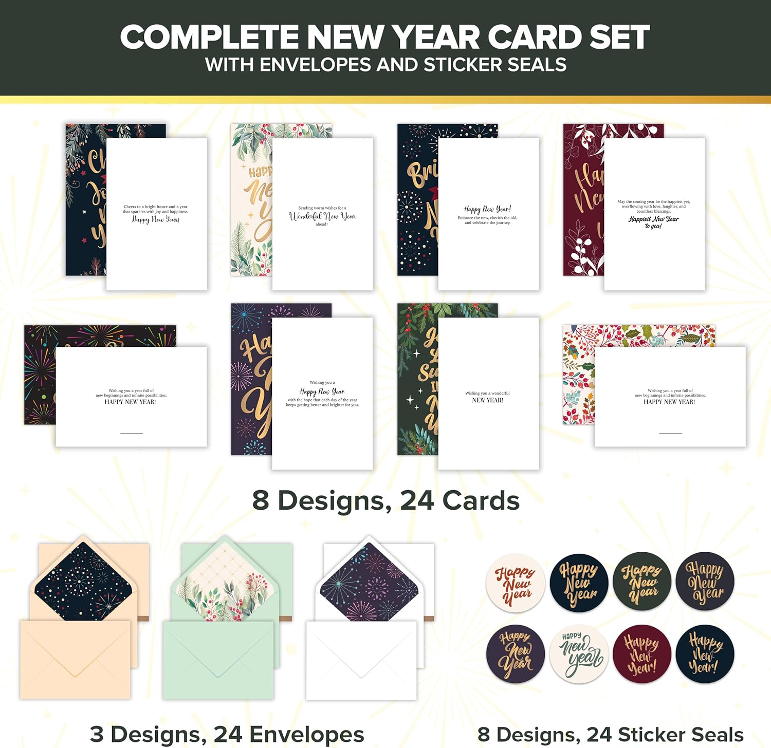 Decorably Special Season Cards with Envelopes & Stickers - 24 Pack Gold Foiled Happy New Year Cards with Envelopes & Stickers, Printed Message Inside 6x4in Happy New Year Card