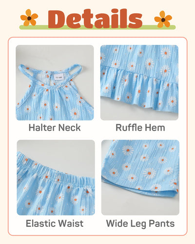 Kucnuzki Baby Girl Outfit 18 24 Months Girl Clothes Summer Toddler Clothes Light Blue Ruffle Shirt Camisole Top with Long Flower Pants Two Piece Baby Outfit