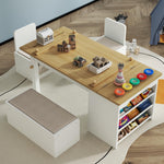 Art Kids Table and Chair Set with Storage - Child Table and Chair Set w/ Easel, Open Shelves, Paint Cups, Paper Roll, Toddler Play Table w/ Bench & 2 Chairs, Art Desk for Kids Draw, Craft (Natural)