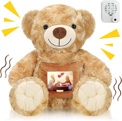 Teddy bear with a pocket displaying a picture of a candle and heart, surrounded by decorative elements.
