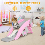 GLACER 5 in 1 Toddler Slide Rocking Toy, Rocking Horse Playset with Slide, Basketball Hoop, Ring Toss Game, Stool & Inflatable Basketball, Convertible Climber Playground for Indoors Outdoors (Pink)