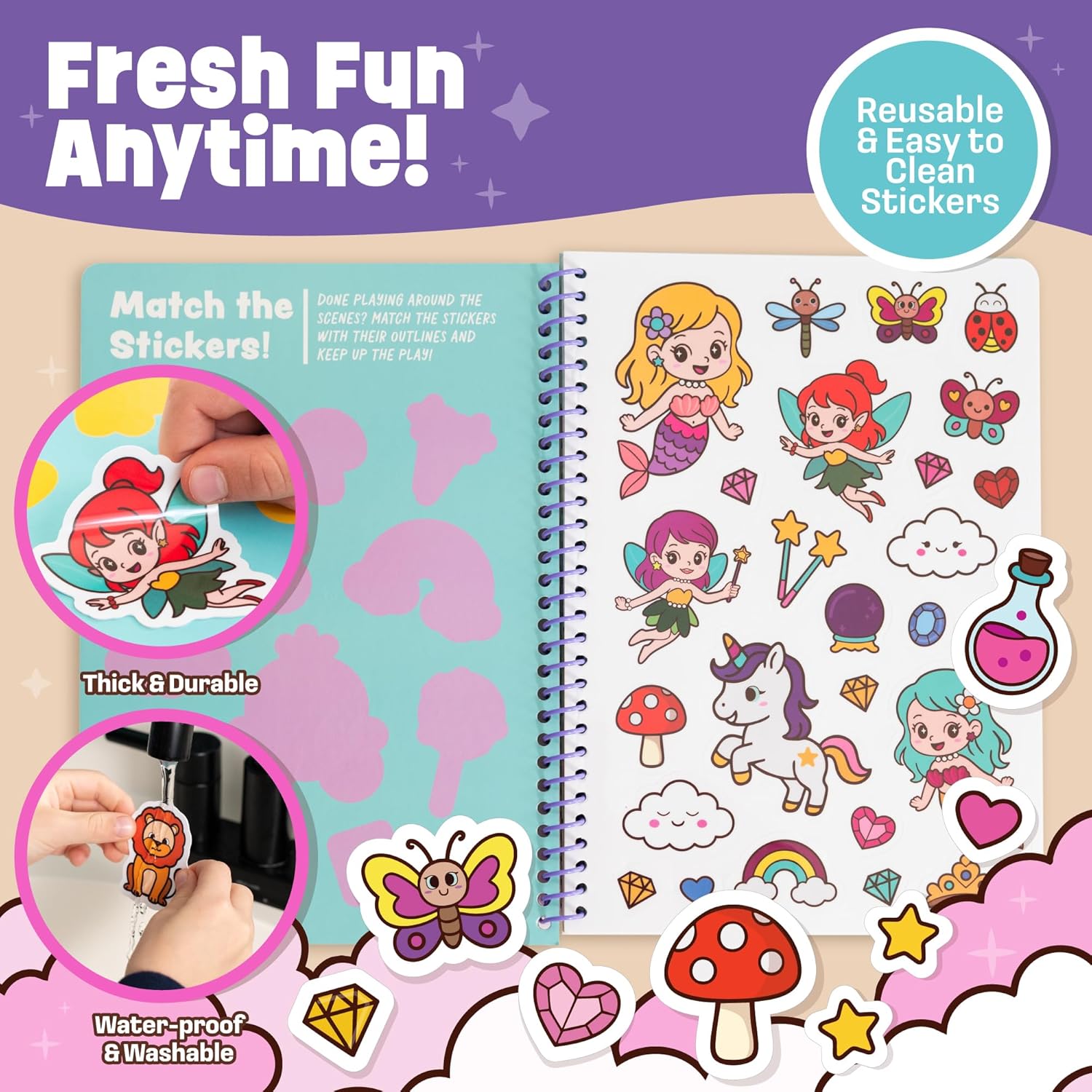 Unicorn Sticker Book - 50 Reusable Stickers for Girls - Unicorn Toys for Ages 3-5, No Mess Travel Activities, Girls Easter Basket Stuffers & Gift Ideas - Reusable Sticker Books for Toddlers 1-3 2-4