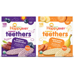 Two packages of Happy Baby organic teething wafers, one blueberry and purple carrot flavor and the other sweet potato and banana flavor, on a white background.