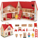 WOODMAM Foldable Wooden Doll House with 13pcs Furniture, 4 Rooms and 2 Flexible Dolls, Pretend Play House Set with Portable Handle, Christmas Birthday Gift for Boys Girls Kids Age 3+