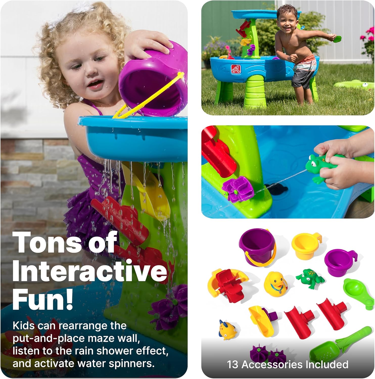 Step2 Rain Showers Splash Pond Toddler Water Table, Kids Water and Sand Activity Sensory Playset, Summer Outdoor Toys, 13 Piece Toy Accessories, For Toddles 1.5+ Years Old
