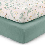 Blissful Diary Muslin Crib Sheets for Girl Boy, Boho Neutral Soft Cotton Baby Sheet for 52''x28'' Standard Crib Mattress, 2 Pack(Monstera&Dark Green)