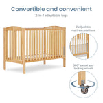 Dream On Me Full-Size 2-in-1 Folding Baby Crib in Natural, GreenGuard Gold & BSA, Portable, Patented Quick Folding System, Strong Wheels, 2 Adjustable Mattress Heights