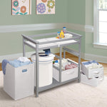 Badger Basket Modern Baby Changing Table - Nursery Furniture with Laundry Hamper and 3 Storage Drawers - Diaper Changing Station with Safety Belt, Changing Pad, and Organizer Baskets - Gray and White
