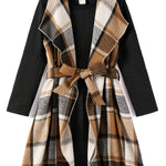 PATPAT Girls Fall Outfit – Ribbed Dress with Removable Belt and Green Plaid Shacket – Back-to-School Look, 5–6 Years