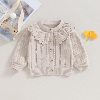 Newborn Baby Girls Knit Cardigans Long Sleeve Crewneck Hollow Knit Thin Sweater Toddler Button Tops Coat Outwear (Apricot-Doll Collar, 6-12 Months)
