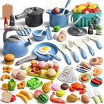 130Pcs Kitchen Playset, Toddler Pretend Cooking Play Pots, Pans, Utensils Cookware, Daily Food Fruit Veges, Shopping Storage Basket, Dessert, Prop Money, Learning Gift for Child (Blue)