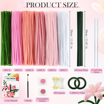 540Pcs Pipe Cleaners Craft, 6 Colors Pipe Cleaners Bulk with 15 Designs Guiding Book, Flower Making Kit with Chenille Stems, Floral Wires & Tape, DIY Bouquets and Party Decorations, (Pink, 12in x 7mm)