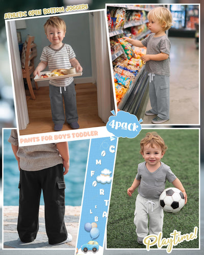 Mumucove 4 Pack Baby Boys' Cargo Sweatpants Toddler Straight Leg Elastic Waist Pants Athletic Open Bottom Jogger with Pockets(Black, Dark Mixed Gray, Light Mixed Gray, White Heather,5 T)