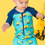 RUGGEDBUTTS Baby/Toddler Boy Swimsuit, One Piece Zipper Rash Guard Sunsuit with UPF 50+ Sun Protection - Under Construction, 6-12m