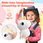 FUNLIO Unicorn Stick Horse for Kids 3+, Rainbow Fairy Hobby Horse with Soft Plush & Wood Wheels, Neighing and Galloping Sound for Pretend Play & Creativity, Horse Toys Gift, CPC & CE Certified - White