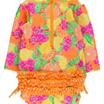 RuffleButts Baby Girls UPF 50+ Sun Protection Novelty Print Long Sleeve One Piece Rash Guard Swimsuit with Zipper - Neon Squeeze The Day, 2T