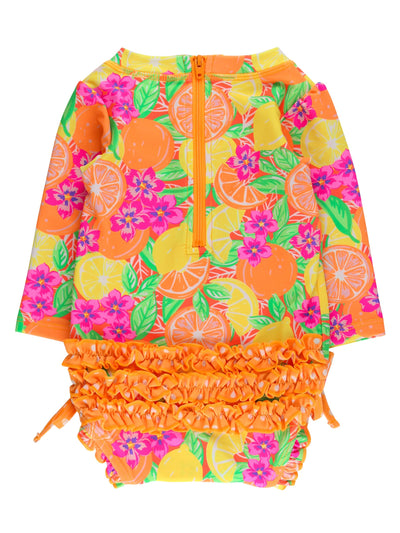 RuffleButts Baby Girls UPF 50+ Sun Protection Novelty Print Long Sleeve One Piece Rash Guard Swimsuit with Zipper - Neon Squeeze The Day, 2T