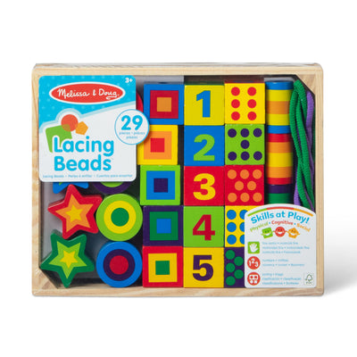 Colorful lacing beads set with wooden box on a white background