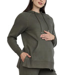 Motherhood Maternity Women's Long Sleeve Fleece Tunic Pullover Pregnancy Hoodie with Side Slits and Kangaroo Pocket, Green Depths, Medium