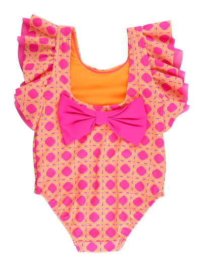 RuffleButts Girls UPF50+ Sun Protection Sleeveless Butterfly Sleeve/Waterfall One Piece Swimsuit - Neon Sherbet Cane, 2T