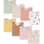 Collection of colorful baby bibs with various patterns on a white background
