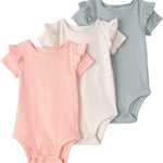 Little Planet by Carter's Girl 3-pack Short Sleeve Bodysuits made with Organic Cotton, Pink Stripes, Grey Stripes, 3M