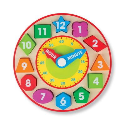 Colorful wooden clock toy with numbered and shaped pieces on a white background