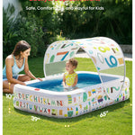 QPAU Kiddie Pool – 65" x 39" Inflatable Pool for Kids & Toddlers, Ball Pit & Baby Pool with Soft Cushioned Floor, Canopy for Sun Protection, Durable Outdoor Play Toys for Backyard & Indoor (Blue)
