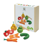 PlanToys® Wonky Fruit & Vegetables Wooden Playset Includes 5 Sliceable Fruits & Veggies | Pretend Cutting Food Toy with Wooden Knife | Montessori Toy for Toddlers