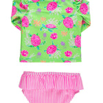 RuffleButts Baby/Toddler Girls Skirted Long Sleeve Rash Guard Bikini UPF50+ Sun Protected Swimsuit - Neon Turtle Tide, 2T