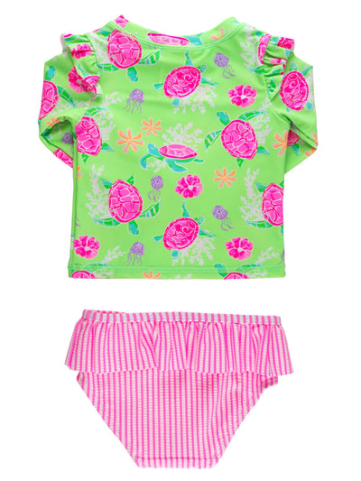 RuffleButts Baby/Toddler Girls Skirted Long Sleeve Rash Guard Bikini UPF50+ Sun Protected Swimsuit - Neon Turtle Tide, 2T