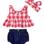 IWOKA Baby Girls Plaid Ruffle Bowknot Tank Top+Denim Shorts Outfit with Headband (80(6-12M), Red)