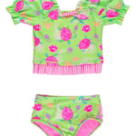 RuffleButts Baby/Toddler Girls UPF50+ Puff Sleeve Ruffle Tankini 2-Piece Swimsuit - Neon Turtle Tide, 2T