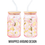 Silver Buffalo Sanrio Hello Kitty Gingerbread Cookies Christmas Holiday Pink and Gold Foil Glass Jar Tumbler with Bamboo Lid and Glass Straw, 16 Ounces