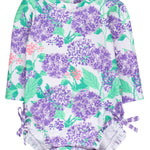 RuffleButts Baby Girls UPF 50+ Sun Protection Floral Printed Long Sleeve One Piece Rash Guard Swimsuit with Zipper - Purple Hydrangea Garden, 3-6m