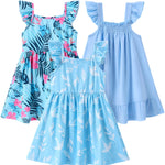 PATPAT Girls Summer Dress Set – Blue Tropical Leaf, Stripe Dress & Pink Ruffle Sundress, Soft Cotton for Daycare, Park & Travel, 4–5 Years