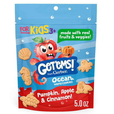 Packaging of Gerber 'Got'ems!' Ocean World Cookies with cartoon character on a blue background