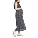 Motherhood Maternity Women's Sleeveless Ruffle Shoulder Smocked Maxi Pregnancy Dress, Black Ditsy Floral, Large