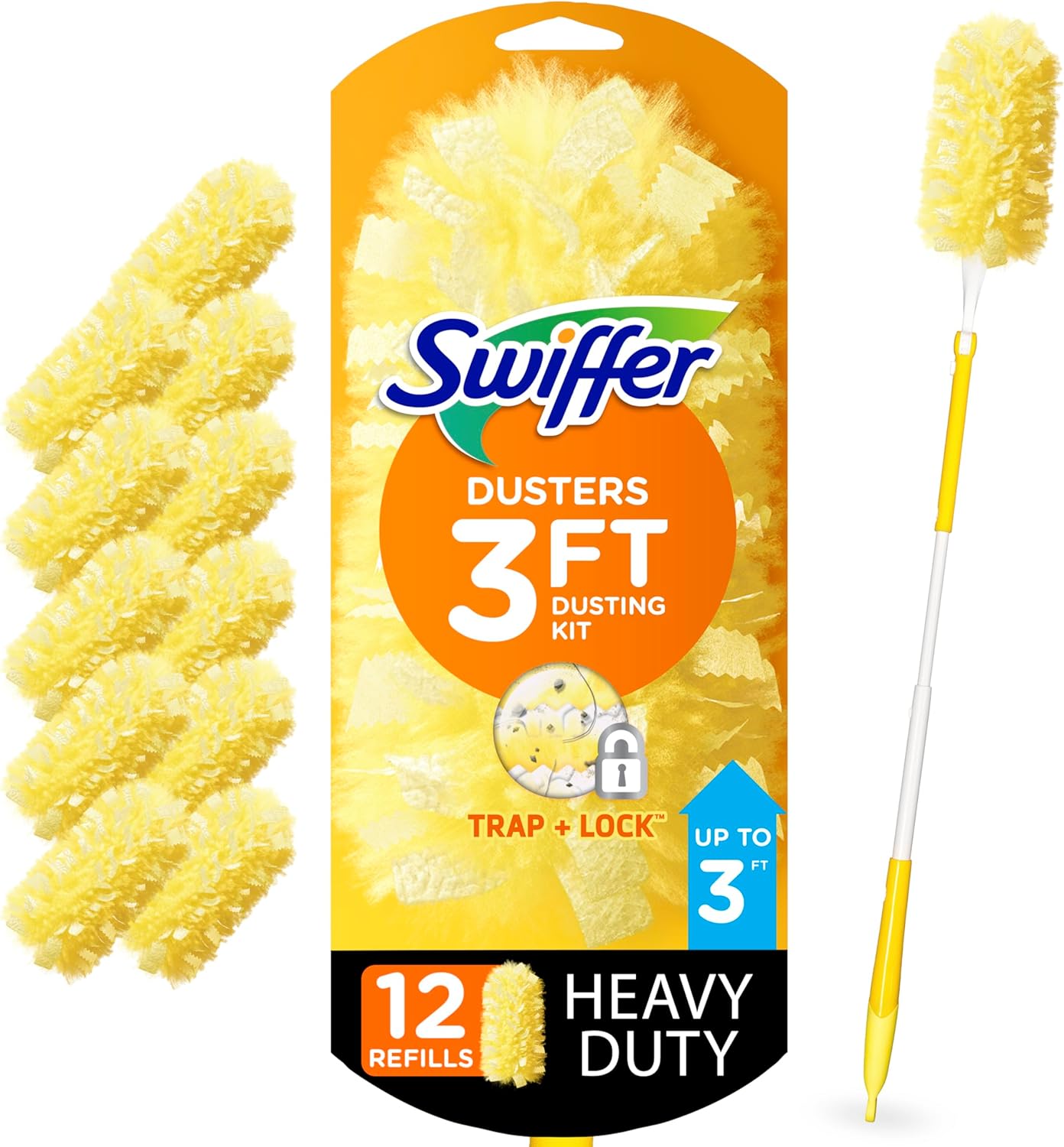 Swiffer Duster Heavy Duty Dusting Kit, Cleaning Supplies, 3 ft Extended Handle, 1 Duster, 12 Refills