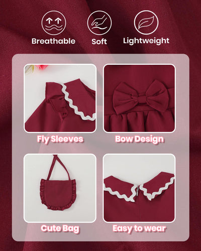 2T 3T Girl Clothes Toddler Girl Peter-Pan Collar Dress Kids Clothes Long Sleeve Ruffle Red Dress Fall Winter Baby Outfit with Cute Crossbody Bag