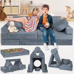 Lunix LX15 14pcs Modular Kids Play Couch, Design-Patent Child Sectional Sofa, Fort-Play Bedroom & Playroom Furniture for Toddlers, Convertible Foam, Washable Covers, OEKO-TEX & CertiPUR-US, Stone Gray