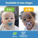 Dr. Brown's Advantage Glow-in-The-Dark Baby Pacifier, Fully Symmetrical Soother with Soft Silicone Bulb, Blue Nature, 6-18m, BPA Free, 2 Pack