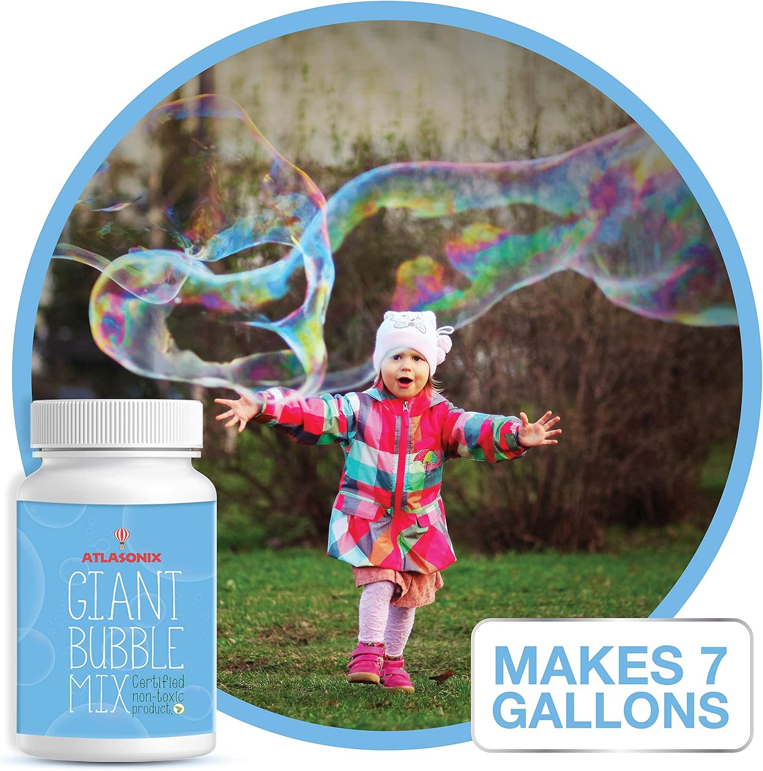 Bubbles for Kids – Giant Bubble Wand & Powder Mix | Makes 896 oz (7 Gallons) of Bubble Solution | Bubble Refill for Big Bubbles, Bubble Machine, Outdoor Fun | Non-Toxic & Long-Lasting