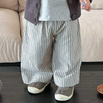 Ashmyova Casual Pants for Boys Girls Classic Linen Cotton Stripe Elastics Waist Spring Autumn Trousers Kids Long Pants 2Pcs White/Blue Size 12-24 Months