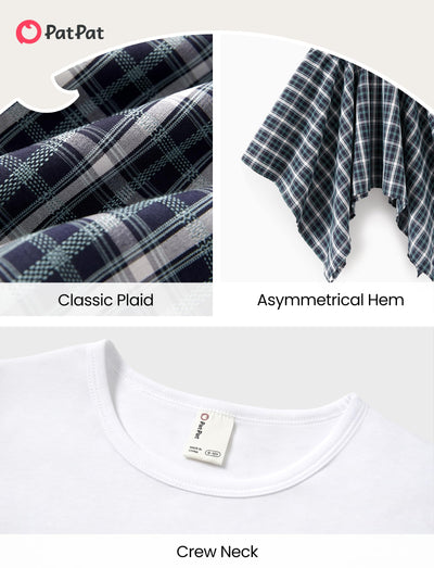 PATPAT Girls 2 Piece Skirt Sets Size 13-14 Years, White Shirts + Navy Plaid Skirts Clothing Sets Summer Outfits, Teen Girl Clothes Western Outfits Streetwear