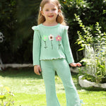Kucnuzki Toddler Girl Clothes Long Sleeve Round Neck Tops Ruffle Floral Shirts Solid Color Bell Bottom Pants For Baby Girl Clothes 18-24 Months 2 Piece Outfit