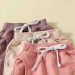 allshope Toddler Baby Girl Fall Pants 3 Pack Active Jogger Casual Athletic Trousers Solid Color Pocket Elastic Waist Harem Bottoms (Apricot Pink Purple, 12-18 Months)
