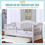 Dream On Me Toddler Day Bed in White – Greenguard Gold & Baby Safety Alliance Certified, Low-to-Floor Design, Removable Safety Guard Rail, Non-Toxic Finish, Includes Storage Drawer