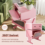 RoyalCraft Nightstand with LED Light Strips, Pink End Table with 360° Rotating Drawer, Modern Bedside Table with Glass Door Storage, Wood Night Stand Cabinet for Bedroom, Home Office, Pink